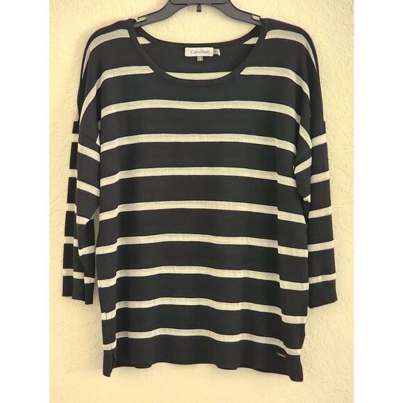 SWEATER-CALVIN KLEIN-Black-Cream Stripes-3/4 Sleeves-Lightweight-Size LRG - Picture 1 of 16